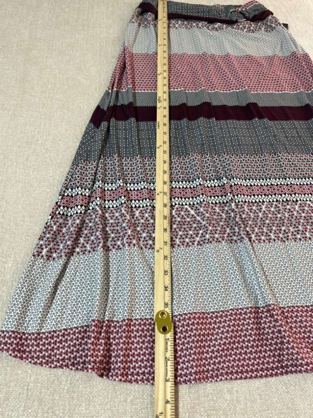 Boho Geometric Print Maxi Skirt Belted Flowy Stretch Size L - Picture 5 of 7